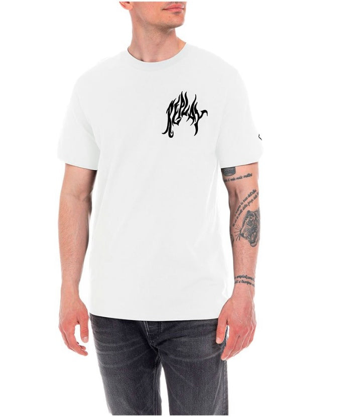 Camiseta Replay blanca con logo y dibujo